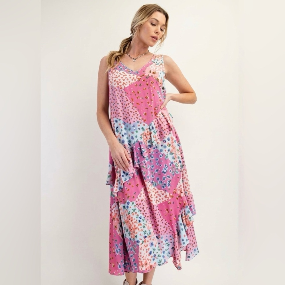 Easel Pink Patchwork Floral Maxi Dress
